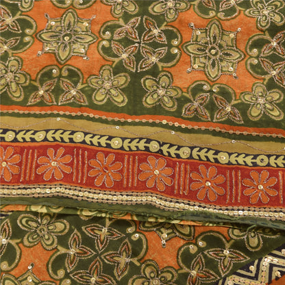 Sanskriti Vintage Sarees Green Pure Crepe Silk Printed Sari 6yd Craft Sustainable Fabric