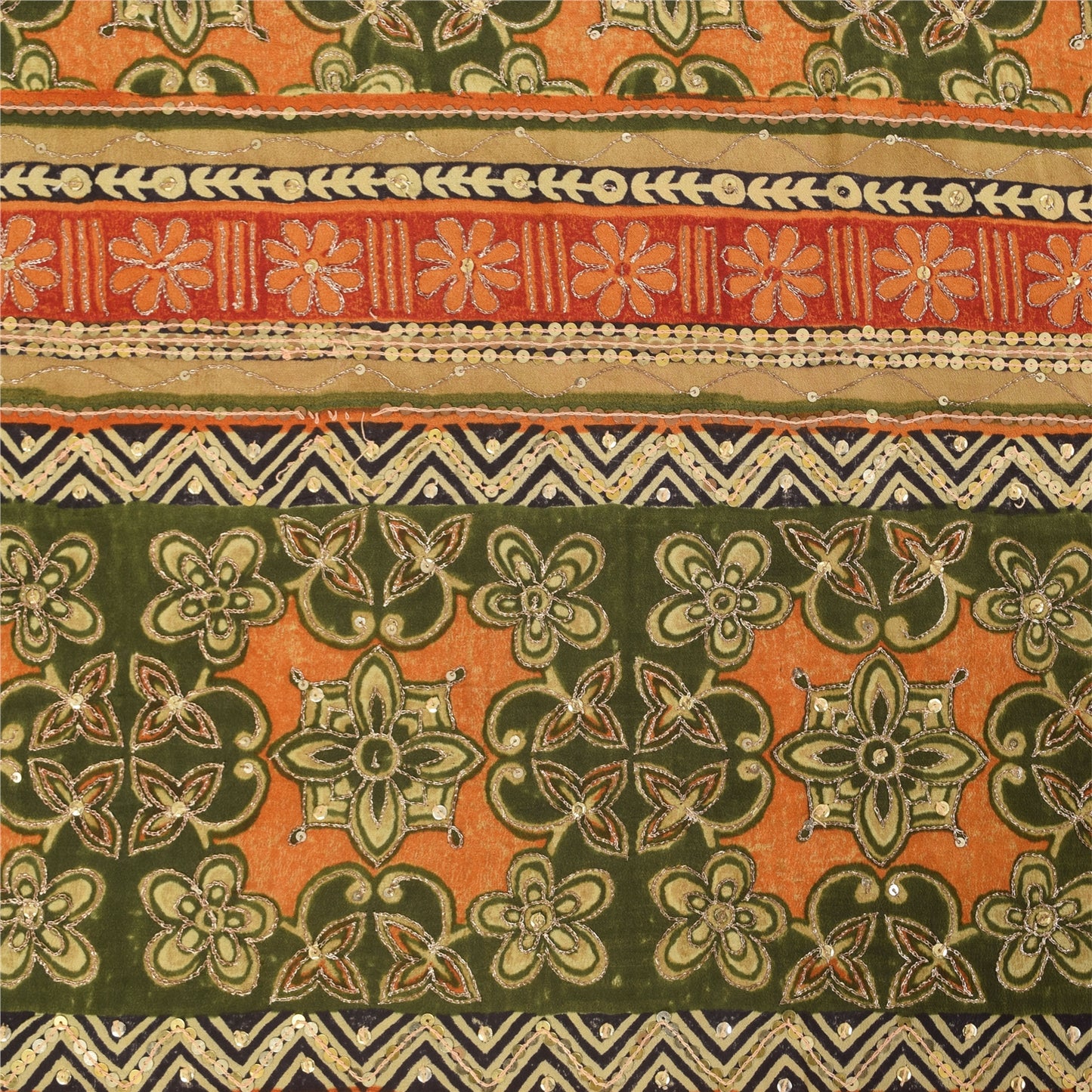 Sanskriti Vintage Sarees Green Pure Crepe Silk Printed Sari 6yd Craft Sustainable Fabric