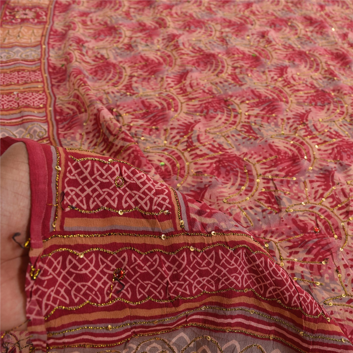 Sanskriti Vintage Sarees Red Hand Bead Pure Crepe Printed Sari 5+yd Craft Fabric