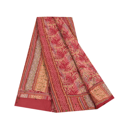 Sanskriti Vintage Sarees Red Hand Bead Pure Crepe Printed Sari 5+yd Craft Fabric