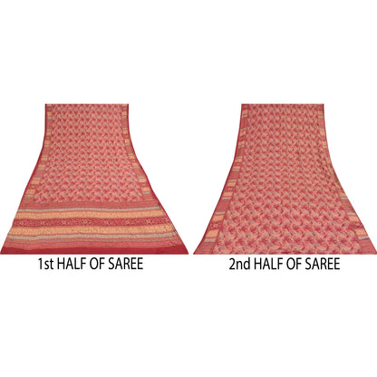 Sanskriti Vintage Sarees Red Hand Bead Pure Crepe Printed Sari 5+yd Craft Fabric