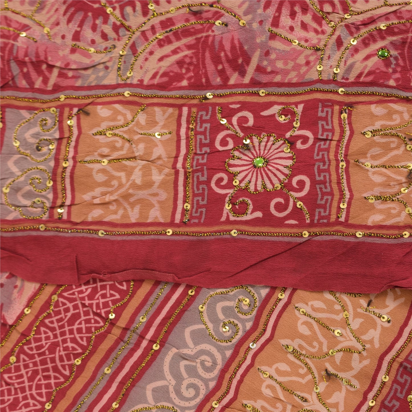 Sanskriti Vintage Sarees Red Hand Bead Pure Crepe Printed Sari 5+yd Craft Fabric