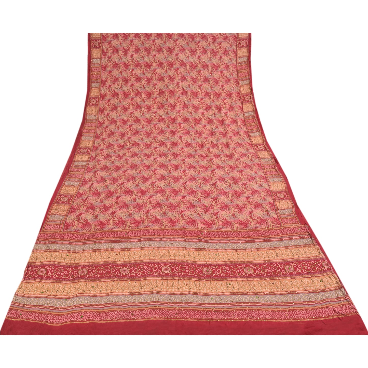 Sanskriti Vintage Sarees Red Hand Bead Pure Crepe Printed Sari 5+yd Craft Fabric