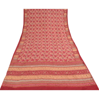 Sanskriti Vintage Sarees Red Hand Bead Pure Crepe Printed Sari 5+yd Craft Fabric