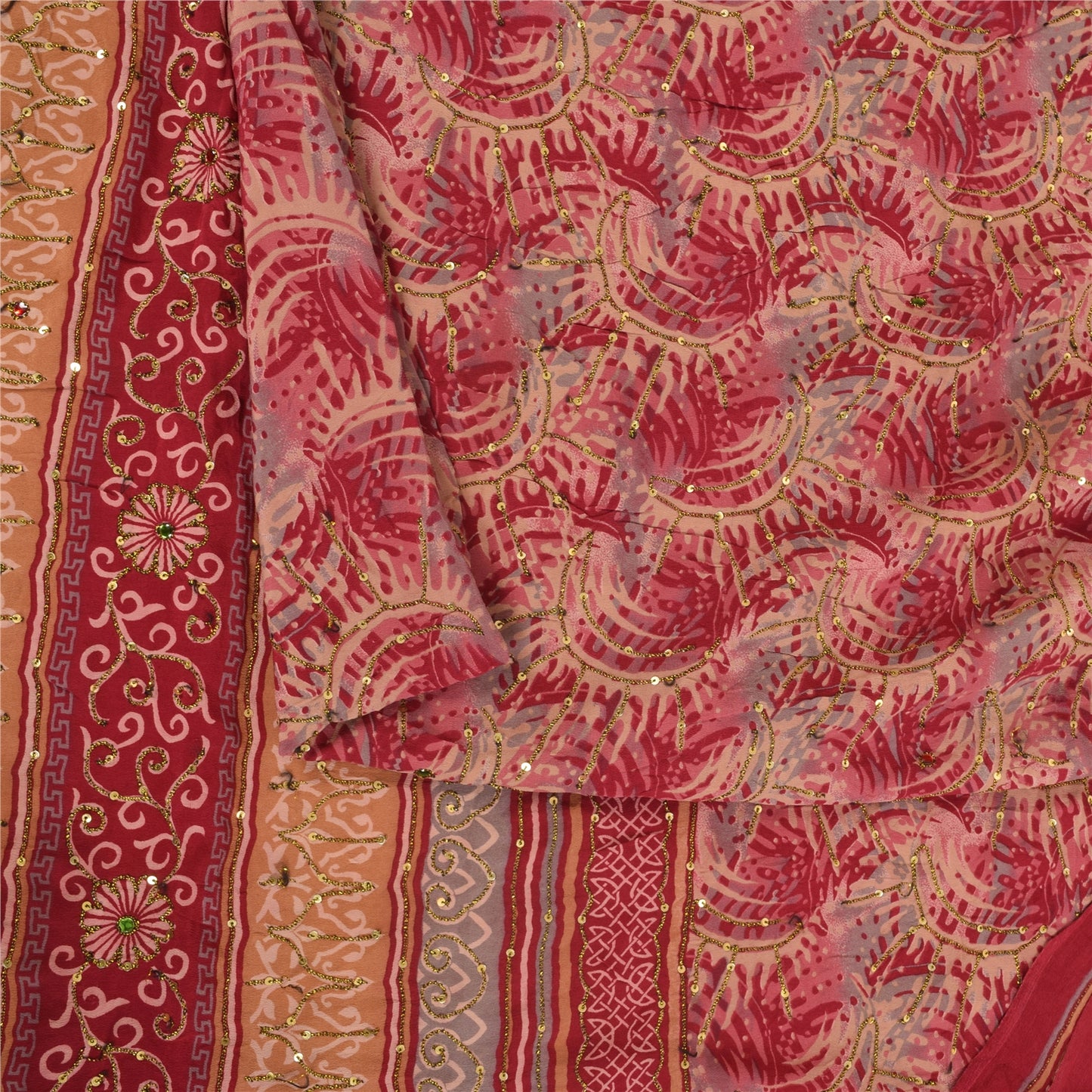 Sanskriti Vintage Sarees Red Hand Bead Pure Crepe Printed Sari 5+yd Craft Fabric