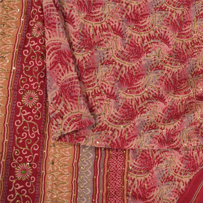 Sanskriti Vintage Sarees Red Hand Bead Pure Crepe Printed Sari 5+yd Craft Fabric