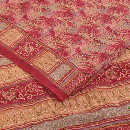 Sanskriti Vintage Sarees Red Hand Bead Pure Crepe Printed Sari 5+yd Craft Fabric