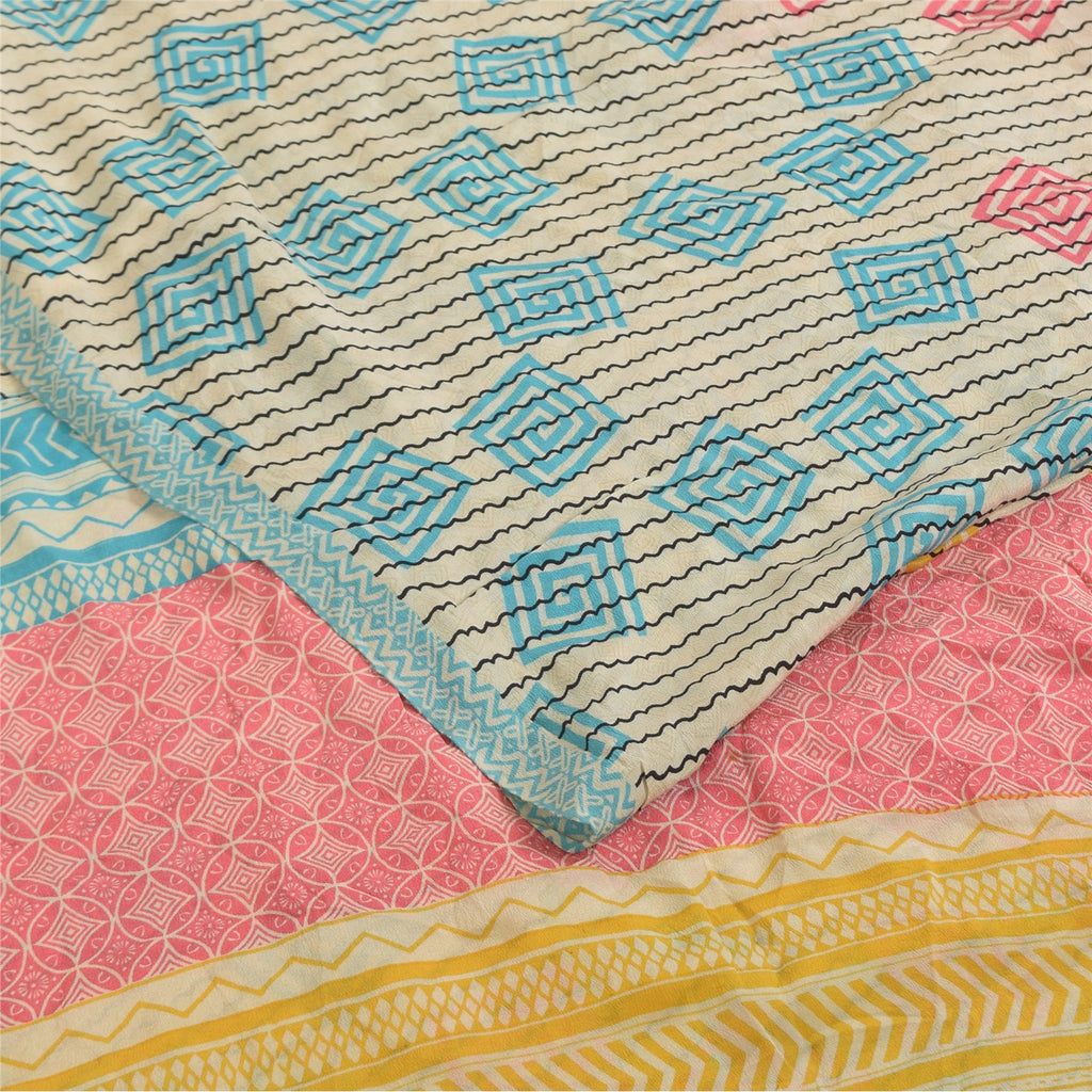 Sanskriti Vintage Sarees Ivory Pure Crepe Silk Printed Sari 5+yd Craft Fabric