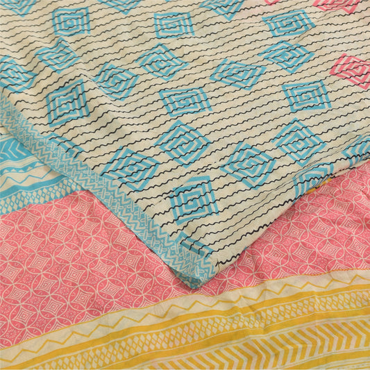 Sanskriti Vintage Sarees Ivory Pure Crepe Silk Printed Sari 5+yd Craft Fabric