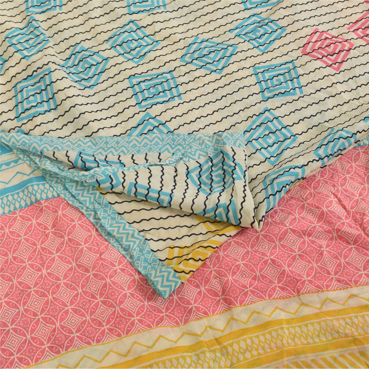 Sanskriti Vintage Sarees Ivory Pure Crepe Silk Printed Sari 5+yd Craft Fabric