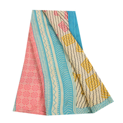 Sanskriti Vintage Sarees Ivory Pure Crepe Silk Printed Sari 5+yd Craft Fabric