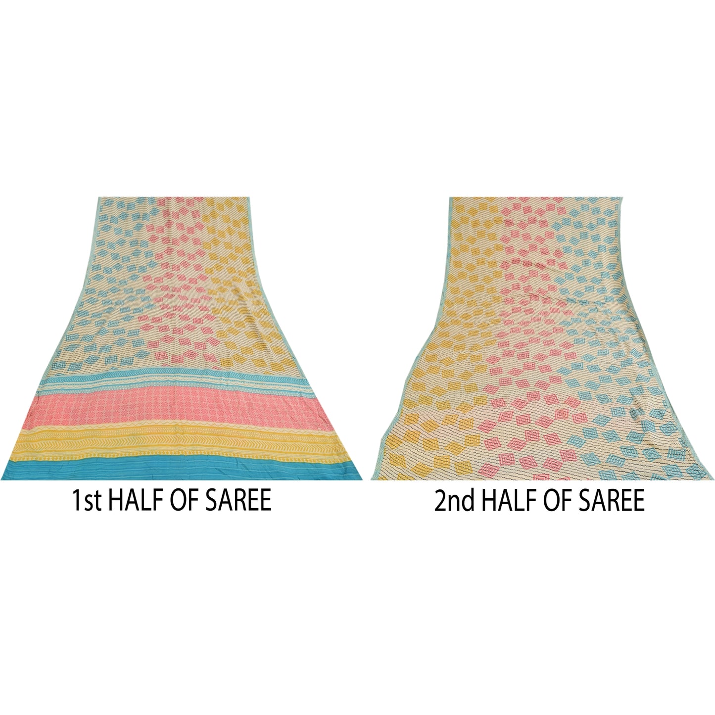 Sanskriti Vintage Sarees Ivory Pure Crepe Silk Printed Sari 5+yd Craft Fabric