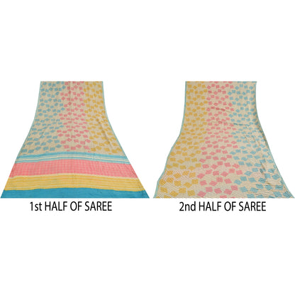 Sanskriti Vintage Sarees Ivory Pure Crepe Silk Printed Sari 5+yd Craft Fabric