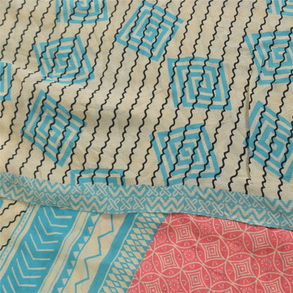 Sanskriti Vintage Sarees Ivory Pure Crepe Silk Printed Sari 5+yd Craft Fabric