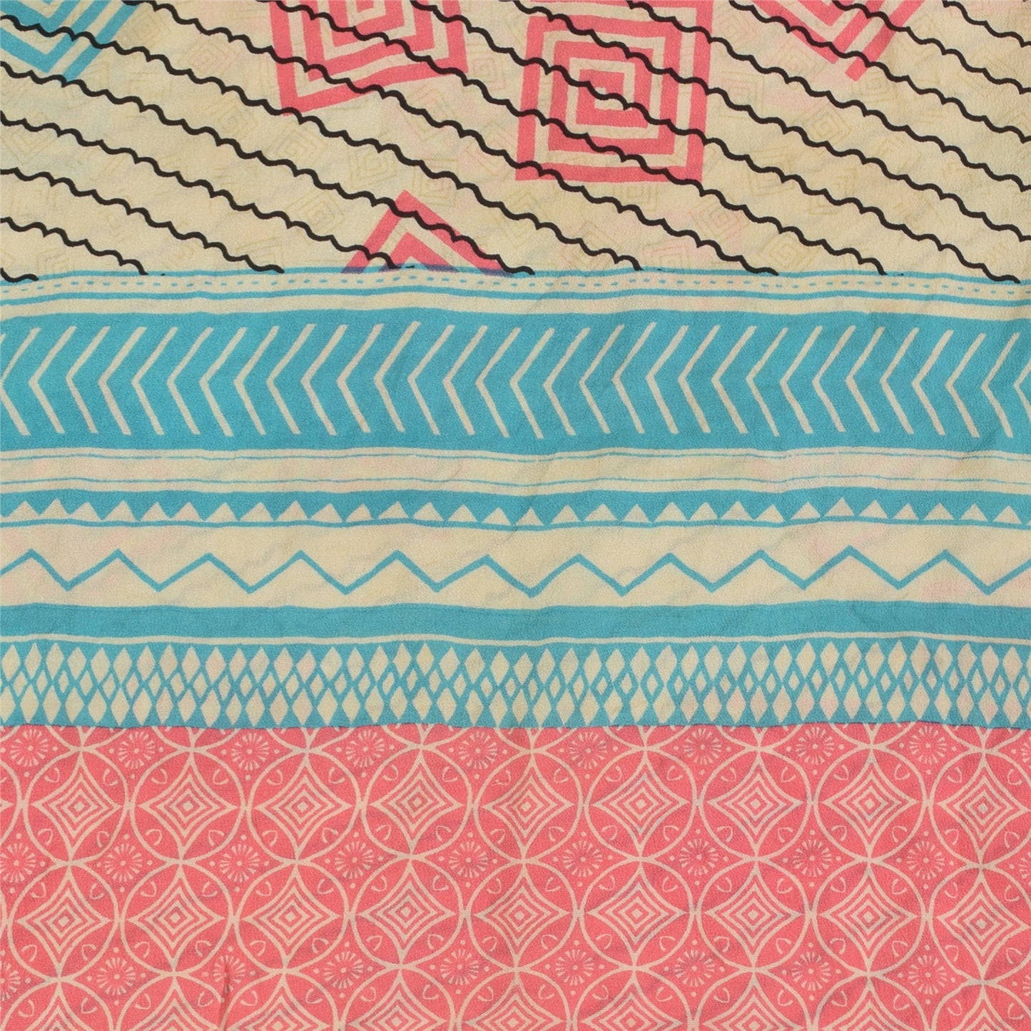 Sanskriti Vintage Sarees Ivory Pure Crepe Silk Printed Sari 5+yd Craft Fabric