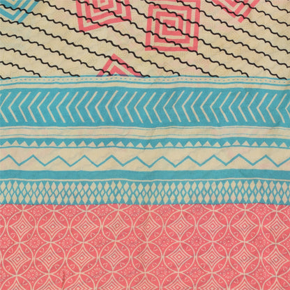 Sanskriti Vintage Sarees Ivory Pure Crepe Silk Printed Sari 5+yd Craft Fabric