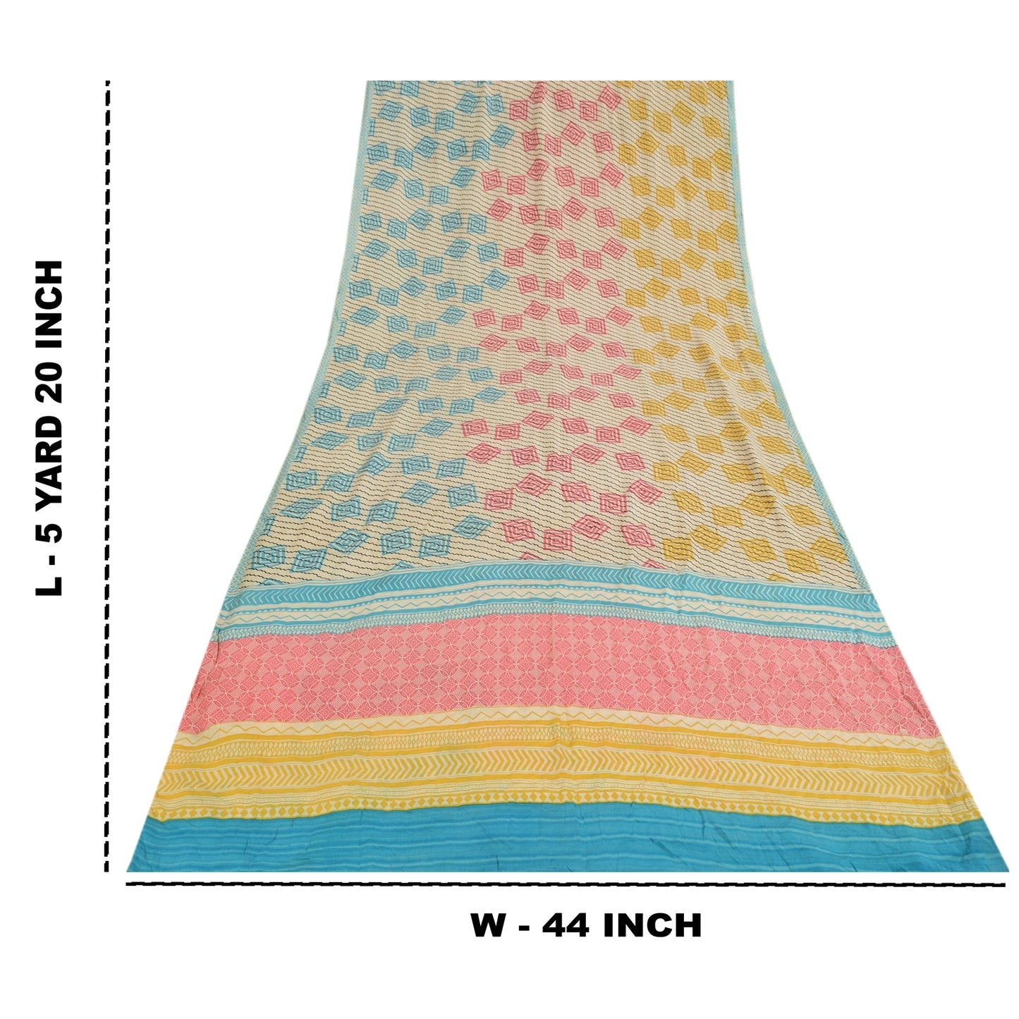 Sanskriti Vintage Sarees Ivory Pure Crepe Silk Printed Sari 5+yd Craft Fabric