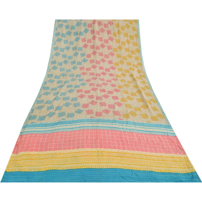 Sanskriti Vintage Sarees Ivory Pure Crepe Silk Printed Sari 5+yd Craft Fabric