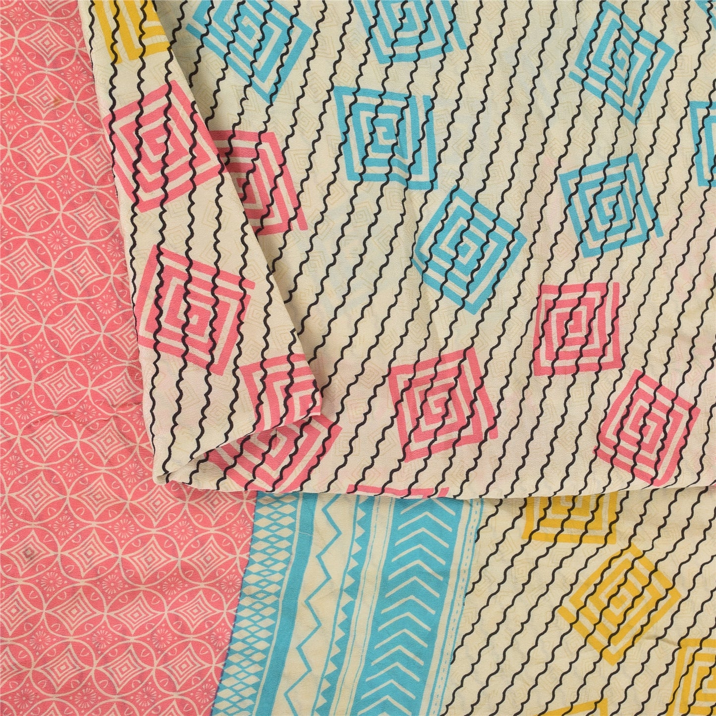 Sanskriti Vintage Sarees Ivory Pure Crepe Silk Printed Sari 5+yd Craft Fabric