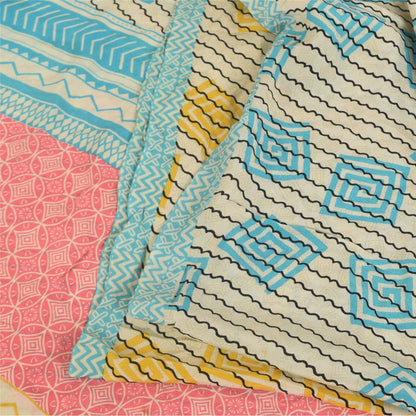 Sanskriti Vintage Sarees Ivory Pure Crepe Silk Printed Sari 5+yd Craft Fabric