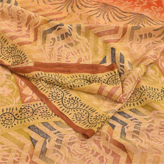 Sanskriti Vintage Sarees Peach & Orange Pure Crepe Silk Printed Sari 5+yd Sustainable Fabric