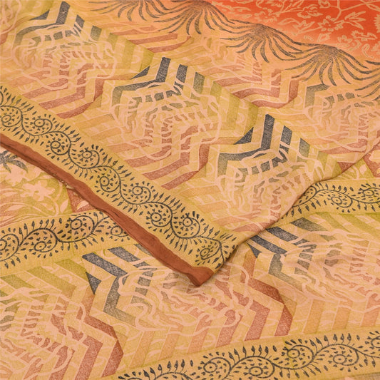 Sanskriti Vintage Sarees Peach & Orange Pure Crepe Silk Printed Sari 5+yd Sustainable Fabric