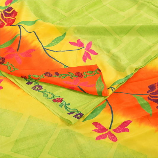 Sanskriti Vintage Sarees Green Pure Crepe Silk Printed Sari 5+yd Craft Sustainable Fabric
