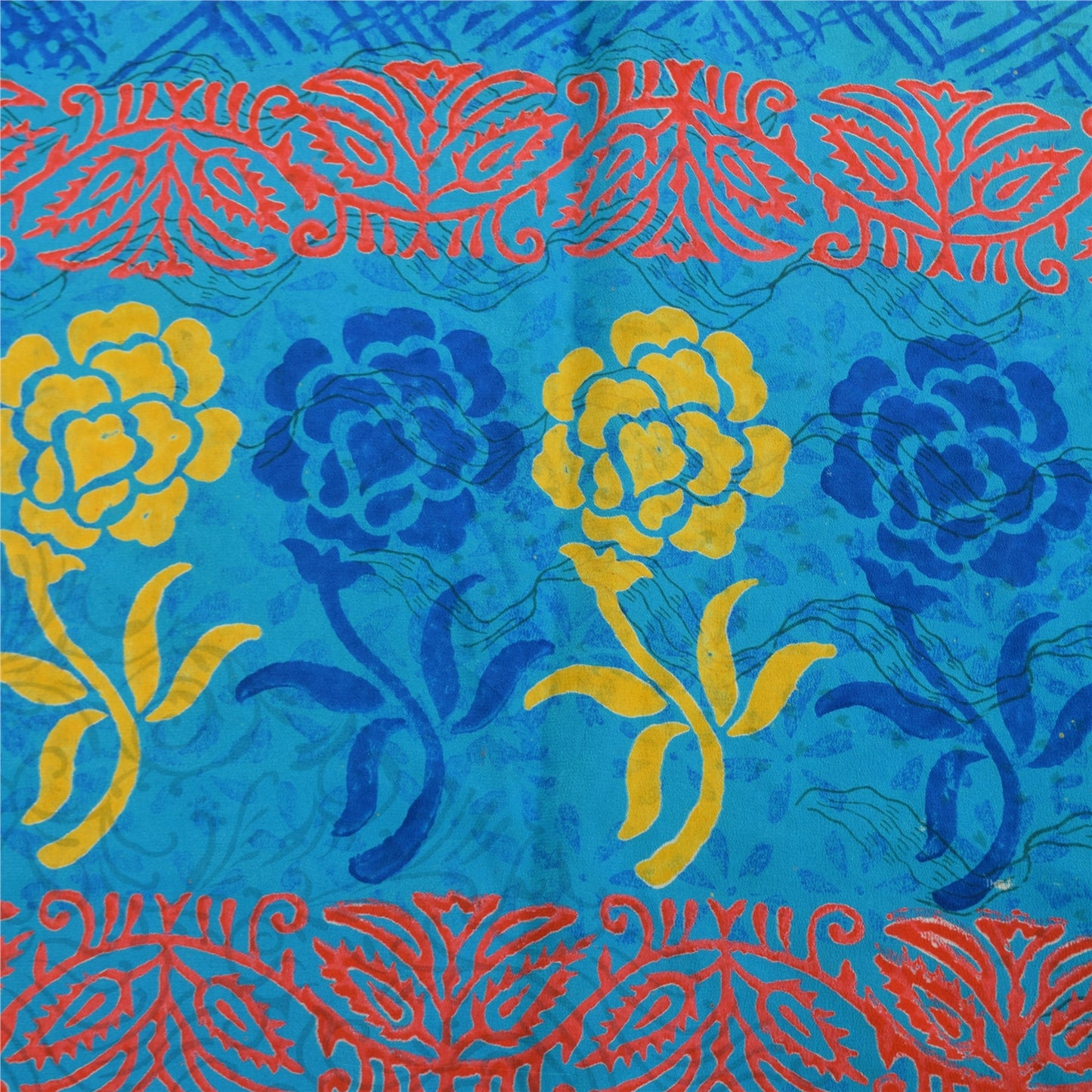 Sanskriti Vintage Sarees Blue & Orange Pure Crepe Silk Printed Sari 5+yd Sustainable Fabric