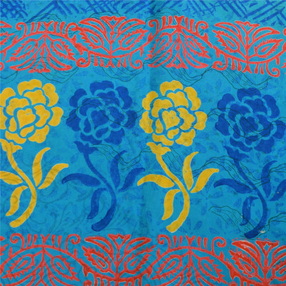 Sanskriti Vintage Sarees Blue & Orange Pure Crepe Silk Printed Sari 5+yd Sustainable Fabric