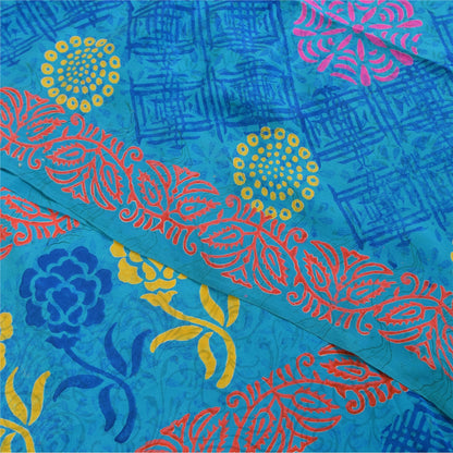 Sanskriti Vintage Sarees Blue & Orange Pure Crepe Silk Printed Sari 5+yd Sustainable Fabric