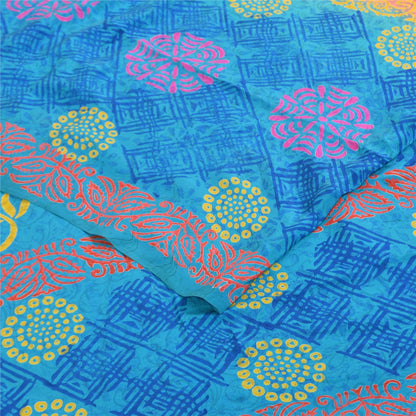 Sanskriti Vintage Sarees Blue & Orange Pure Crepe Silk Printed Sari 5+yd Sustainable Fabric