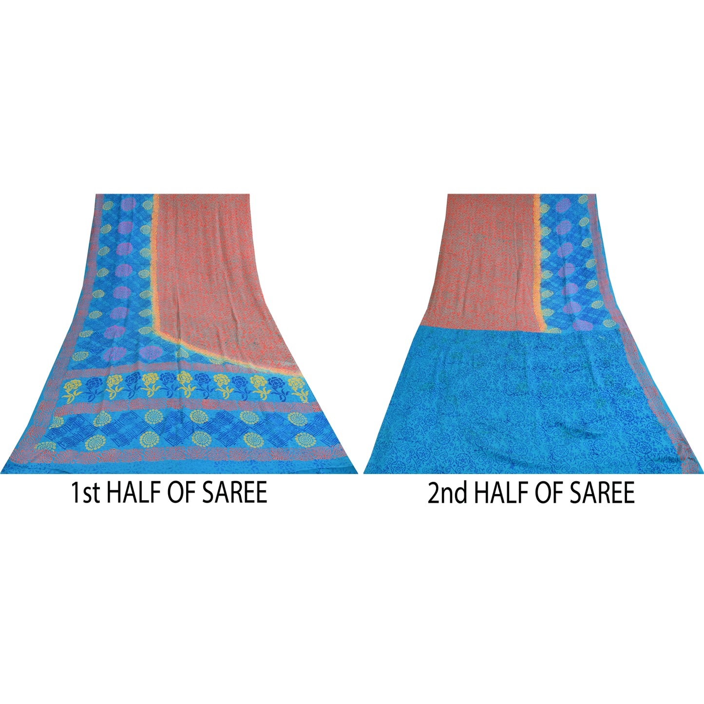 Sanskriti Vintage Sarees Blue & Orange Pure Crepe Silk Printed Sari 5+yd Sustainable Fabric