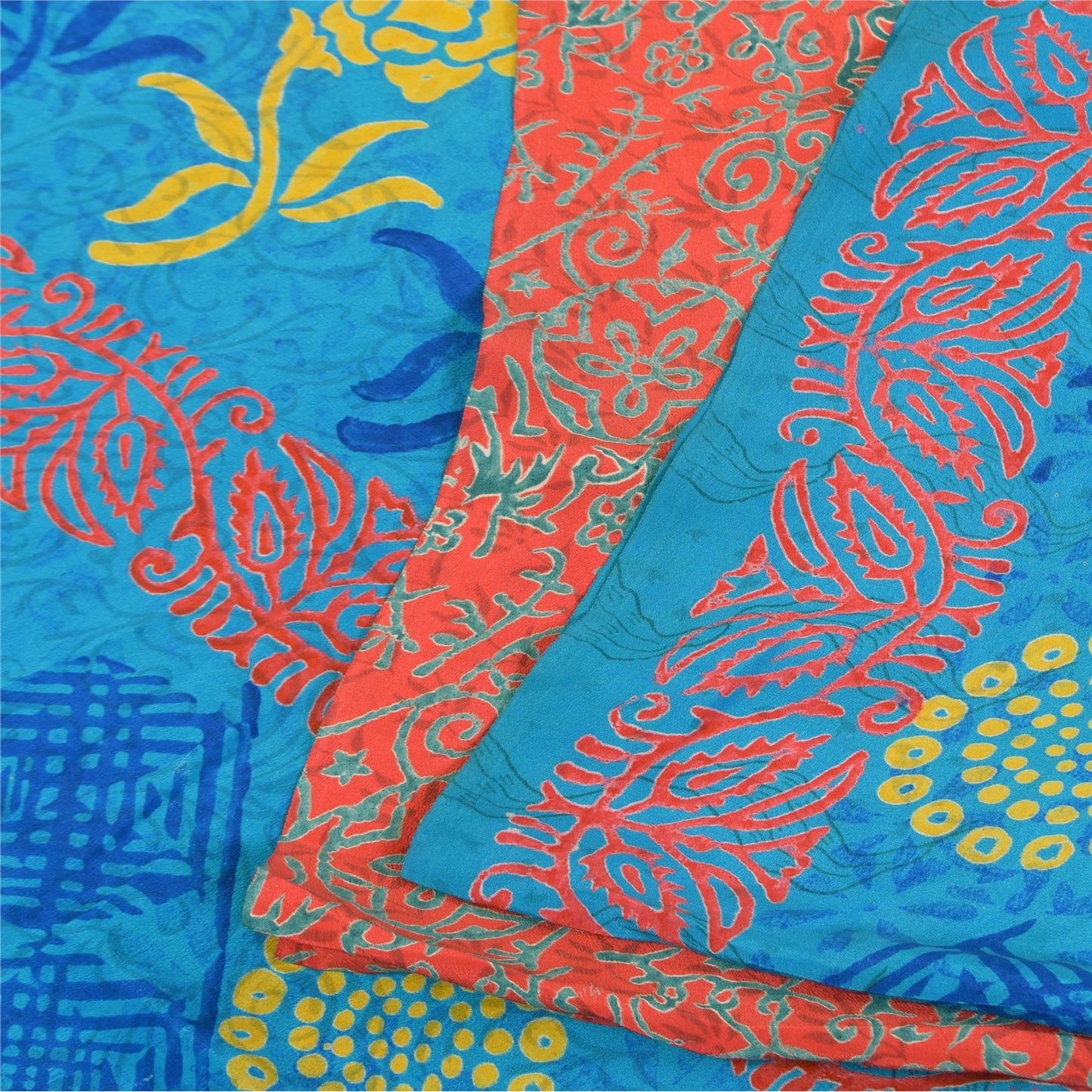 Sanskriti Vintage Sarees Blue & Orange Pure Crepe Silk Printed Sari 5+yd Sustainable Fabric