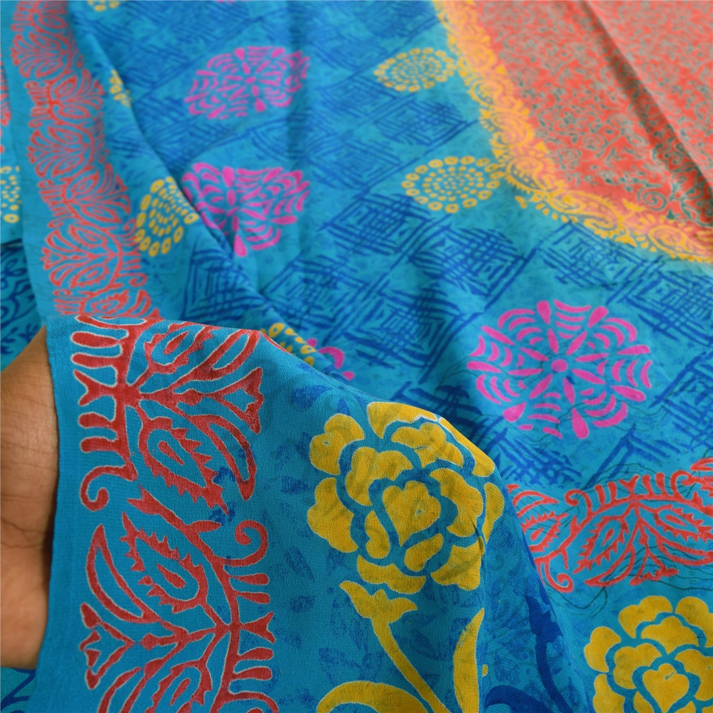 Sanskriti Vintage Sarees Blue & Orange Pure Crepe Silk Printed Sari 5+yd Sustainable Fabric