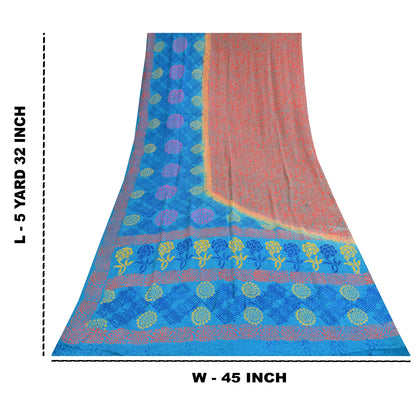 Sanskriti Vintage Sarees Blue & Orange Pure Crepe Silk Printed Sari 5+yd Sustainable Fabric