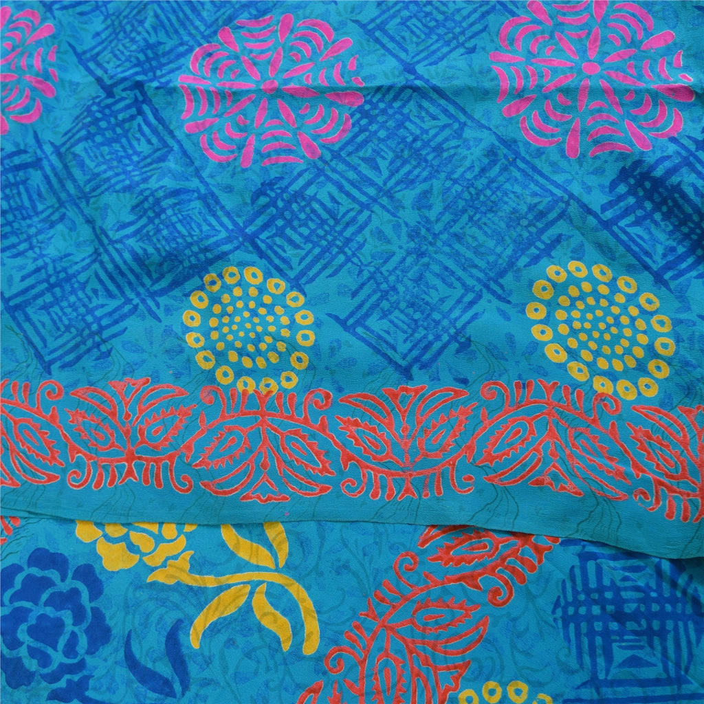 Sanskriti Vintage Sarees Blue & Orange Pure Crepe Silk Printed Sari 5+yd Sustainable Fabric