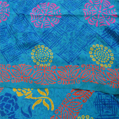 Sanskriti Vintage Sarees Blue & Orange Pure Crepe Silk Printed Sari 5+yd Sustainable Fabric