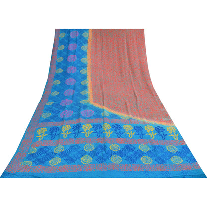 Sanskriti Vintage Sarees Blue & Orange Pure Crepe Silk Printed Sari 5+yd Sustainable Fabric