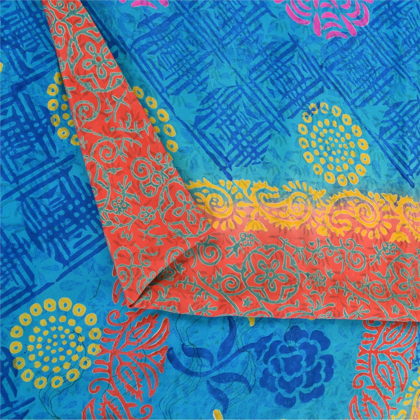Sanskriti Vintage Sarees Blue & Orange Pure Crepe Silk Printed Sari 5+yd Sustainable Fabric
