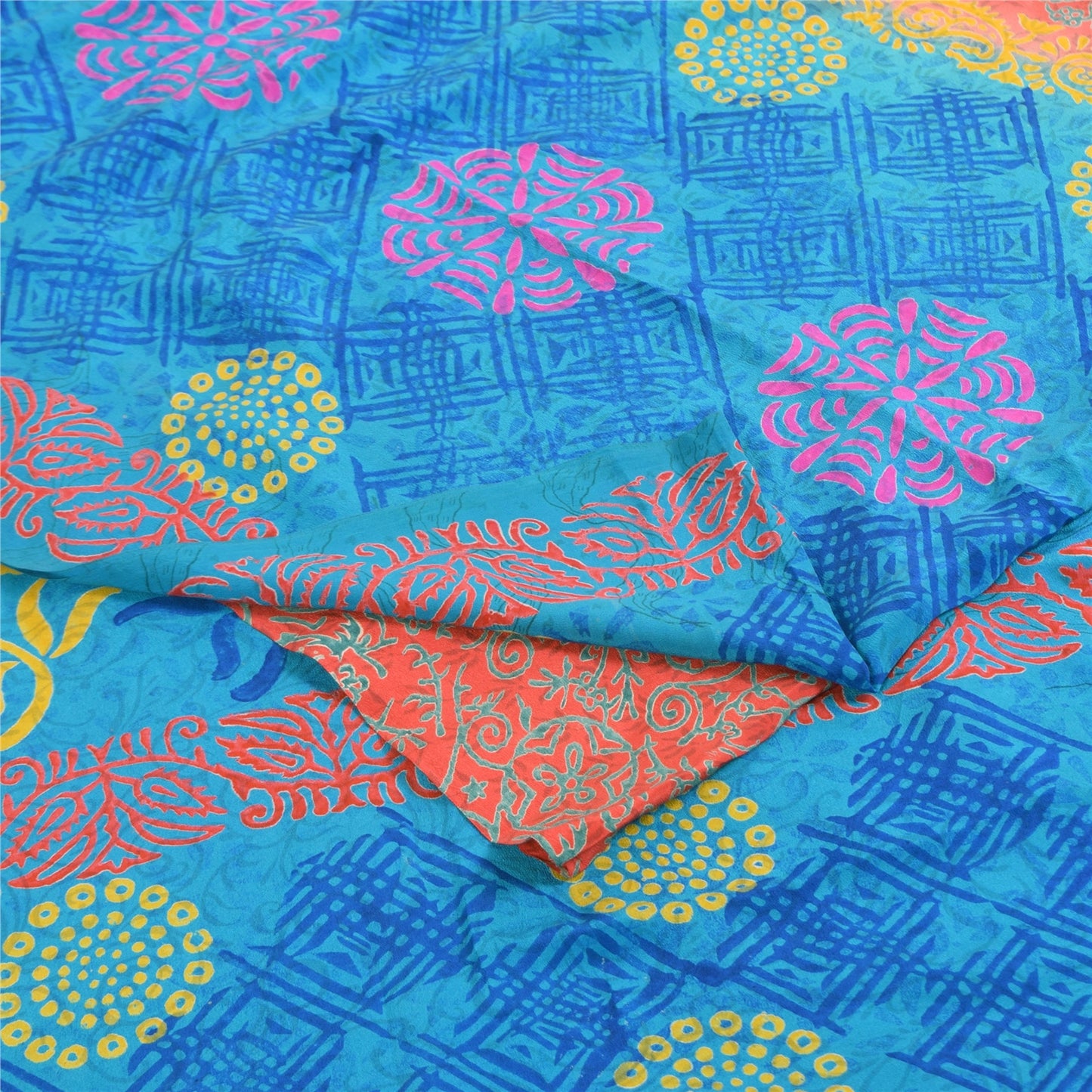 Sanskriti Vintage Sarees Blue & Orange Pure Crepe Silk Printed Sari 5+yd Sustainable Fabric