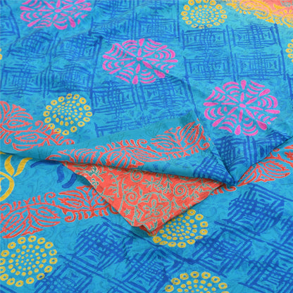 Sanskriti Vintage Sarees Blue & Orange Pure Crepe Silk Printed Sari 5+yd Sustainable Fabric