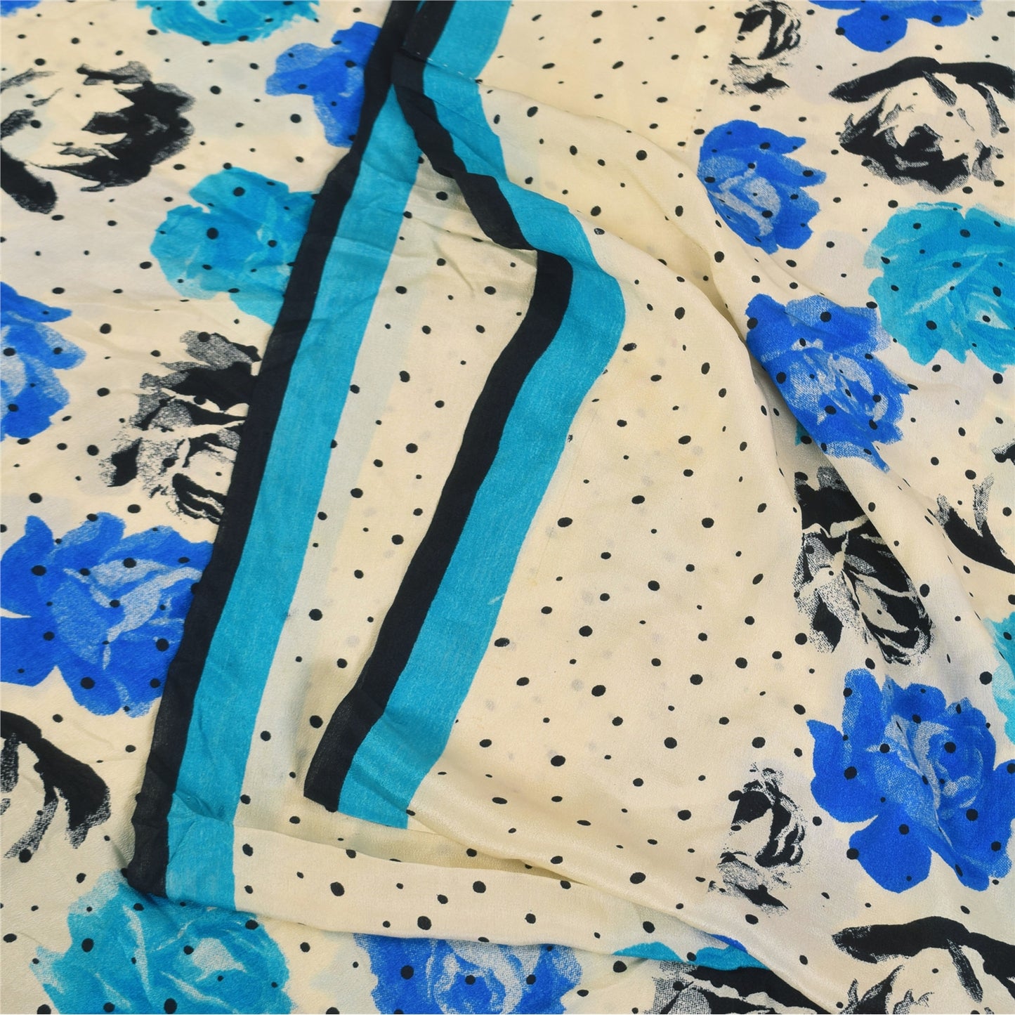 Sanskriti Vintage Sarees Ivory Pure Crepe Silk Printed Sari 5+yd Craft Sustainable Fabric