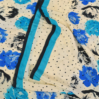 Sanskriti Vintage Sarees Ivory Pure Crepe Silk Printed Sari 5+yd Craft Sustainable Fabric