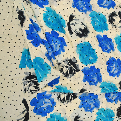 Sanskriti Vintage Sarees Ivory Pure Crepe Silk Printed Sari 5+yd Craft Sustainable Fabric