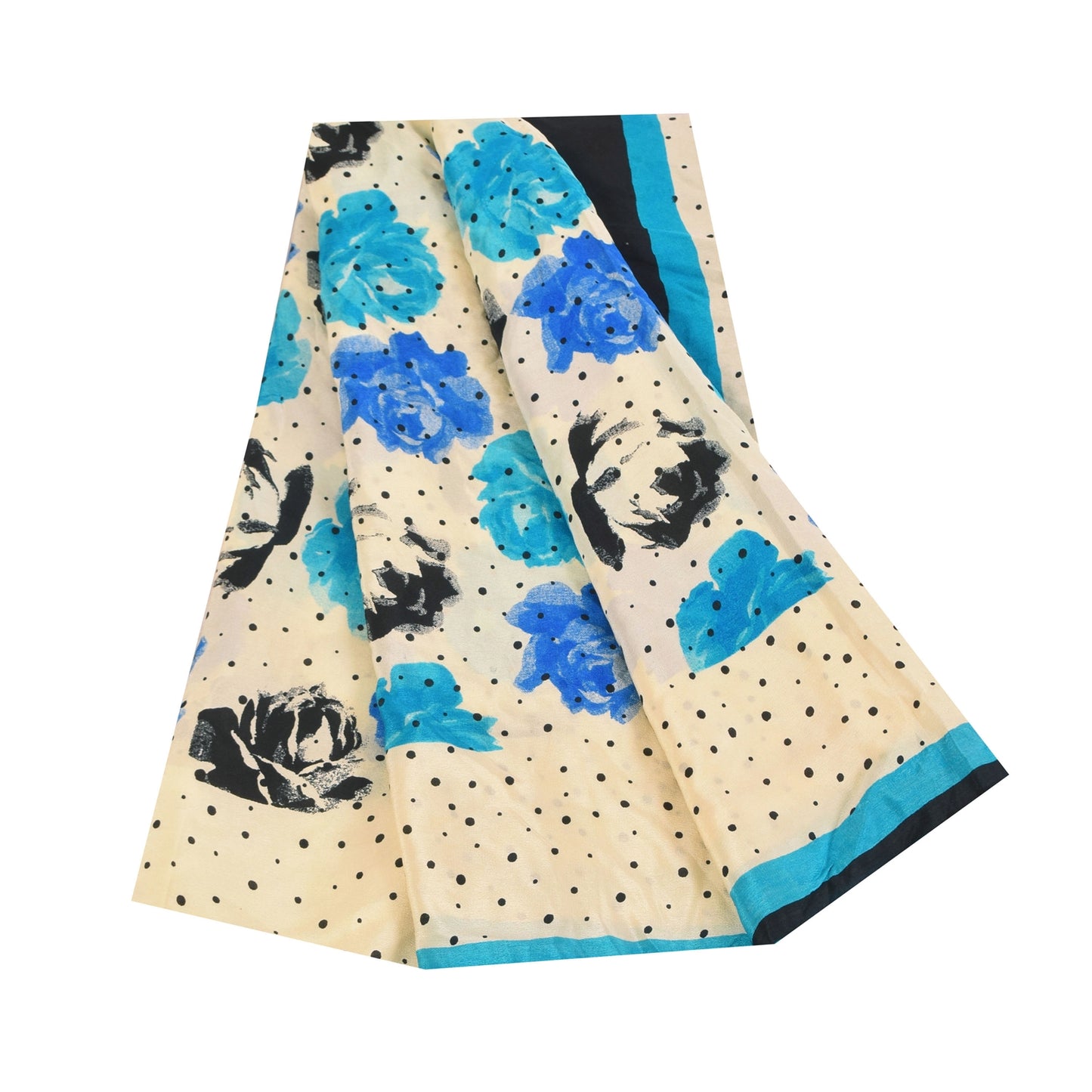 Sanskriti Vintage Sarees Ivory Pure Crepe Silk Printed Sari 5+yd Craft Sustainable Fabric