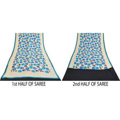 Sanskriti Vintage Sarees Ivory Pure Crepe Silk Printed Sari 5+yd Craft Sustainable Fabric