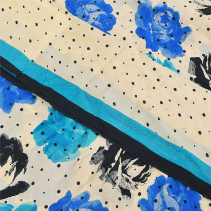 Sanskriti Vintage Sarees Ivory Pure Crepe Silk Printed Sari 5+yd Craft Sustainable Fabric