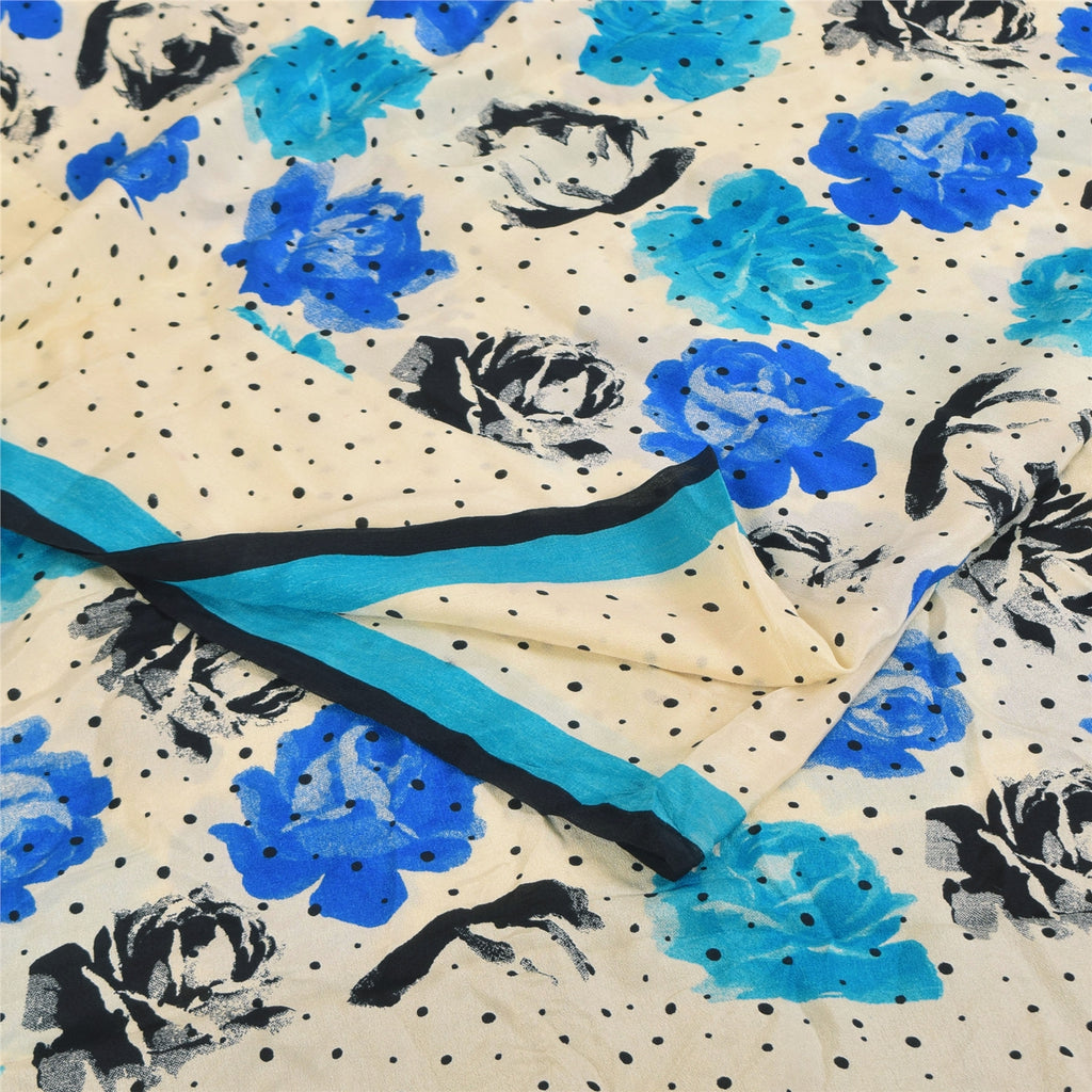 Sanskriti Vintage Sarees Ivory Pure Crepe Silk Printed Sari 5+yd Craft Sustainable Fabric