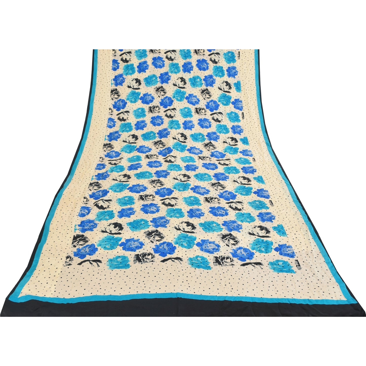 Sanskriti Vintage Sarees Ivory Pure Crepe Silk Printed Sari 5+yd Craft Sustainable Fabric