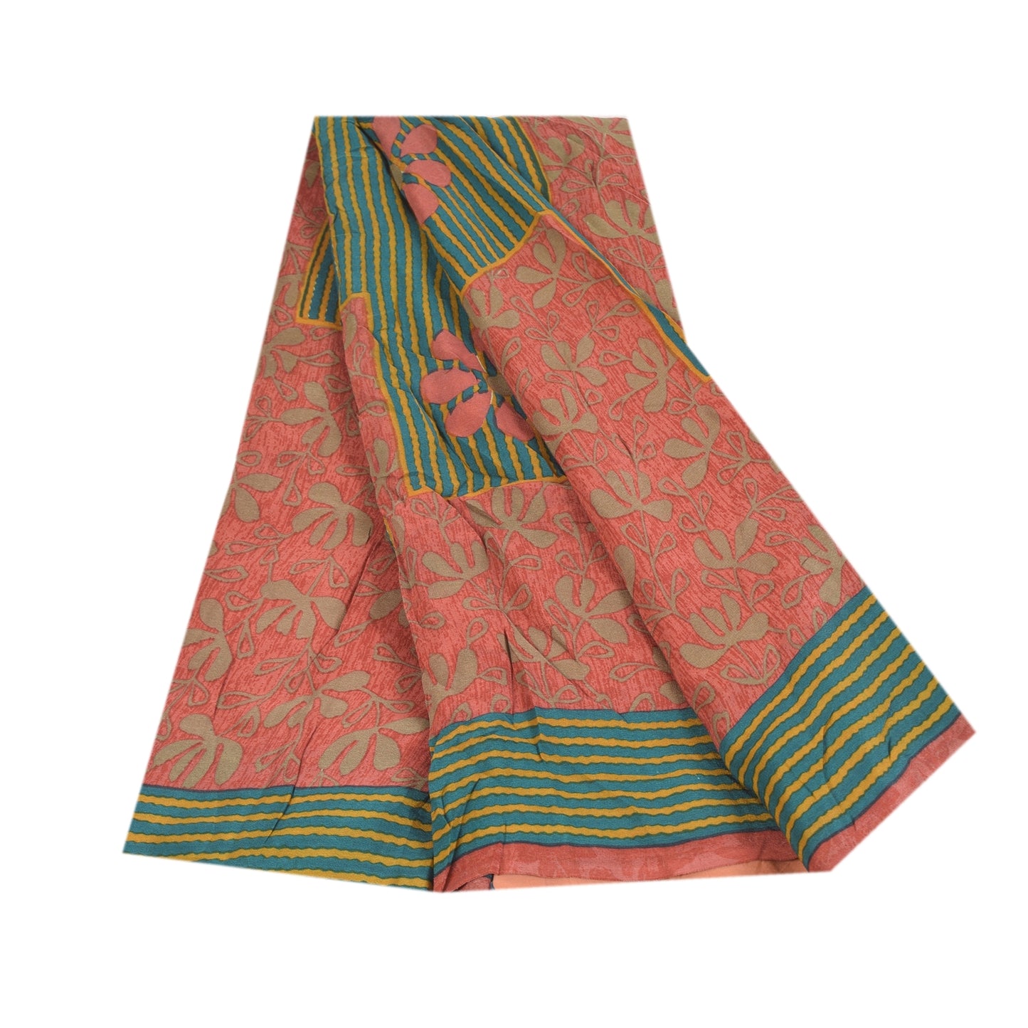 Sanskriti Vintage Sarees Pink 100%Pure Crepe Silk Printed Sari 5+yd Craft Fabric